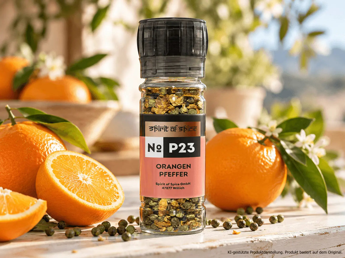 Pfeffermühle mit Orangenpfeffer von Spirit of Spice mit grünem Pfeffer und Orangen