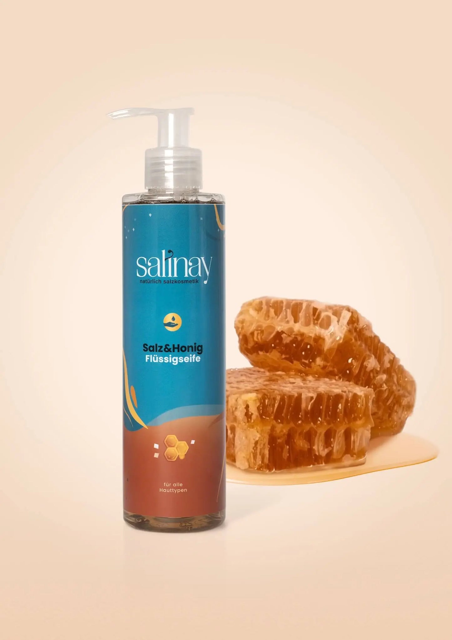 Salz und Honig Flüssigseife mit keltischem Meersalz und Honigwabe von salinay salzkosmetik