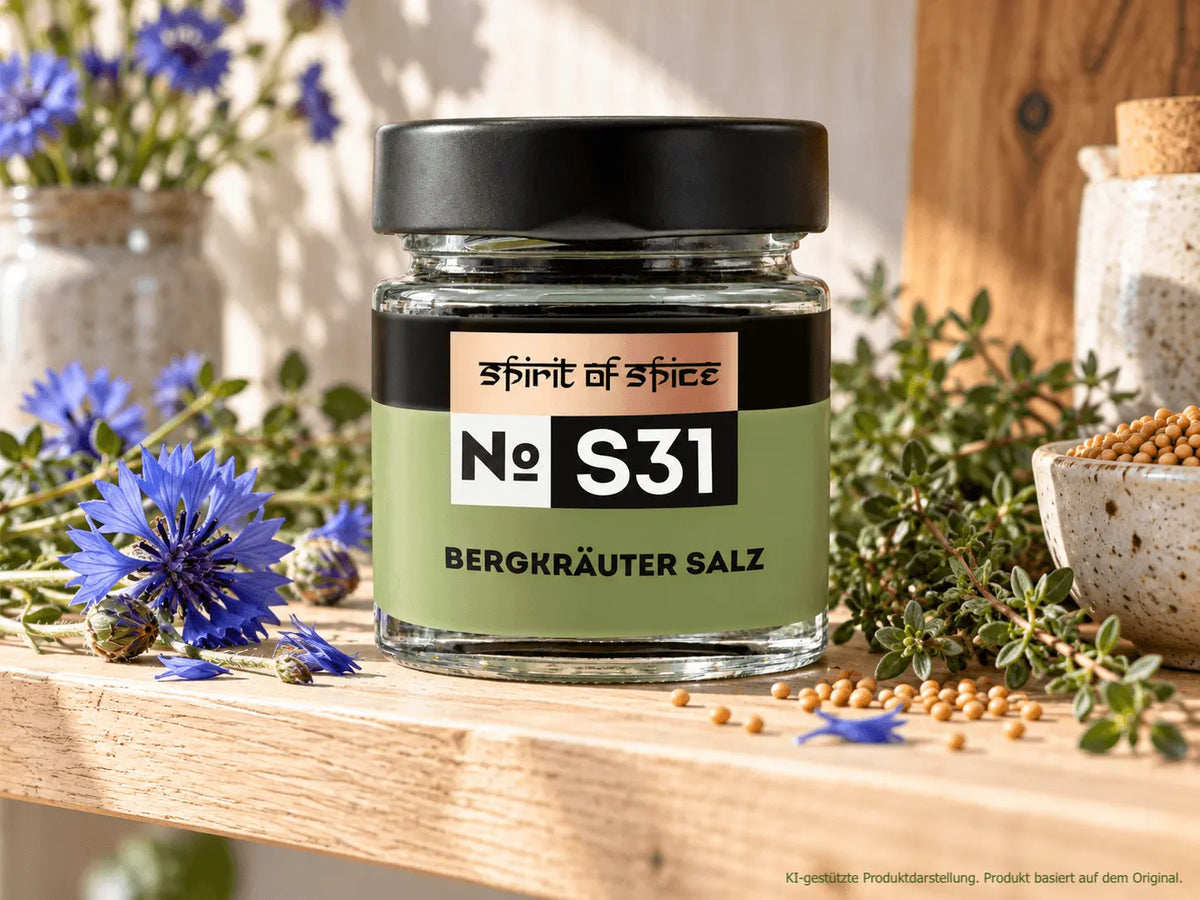 Gewürzglas mit Bergkräutersalz von Spirit of Spice mit Kornblumen, Thymian und Senfsaat