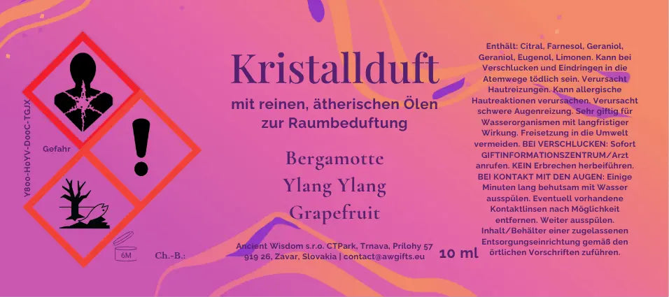 Etikett vom Kristallduft Ylang Ylang, Bergamotte und Grapefruit für Duftkristalle