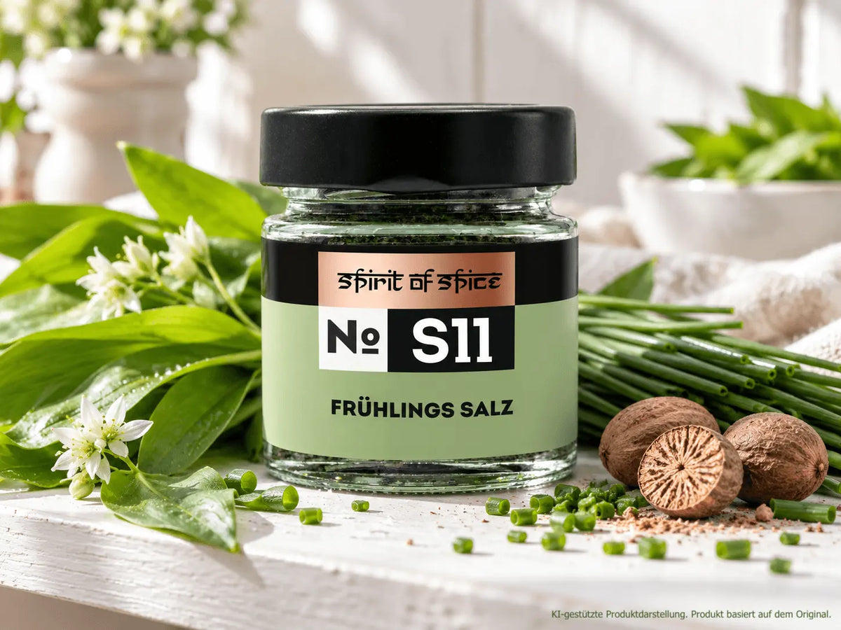Gewürzglas mit Frühlingssalz von Spirit of Spice mit Schnittlauch, Bärlauch und Muskatnuss