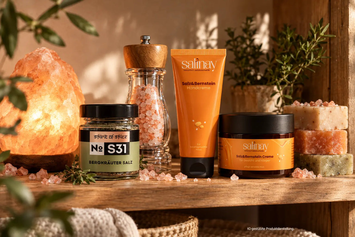 Salzlampe, Himalayasalz, Bergkräutersalz von Spirit of Spice, Salz&bBernsteinhandcreme von Salinay, Gesichts-und Körpercreme von Salinay Salzkosmetik, Salzseifen im Salzladen von den TerraPol Salz&SoleGrotten