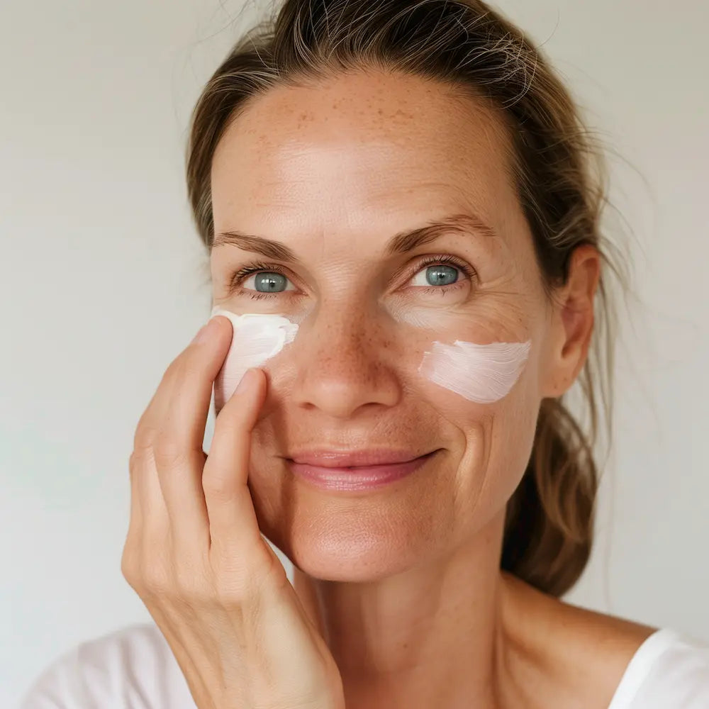 frau cremt gesicht mit salz und bernstein creme von salinay salzkosmetik ein